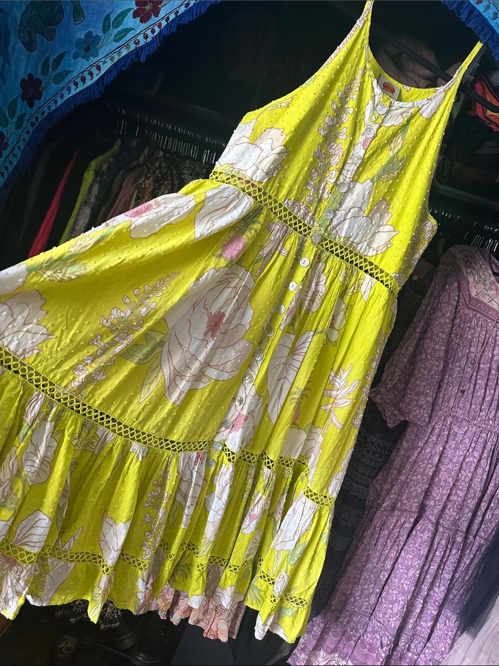 FARM Rio Neon Garden Floral Midi Summer Swiss Dot Halter Dress in neon yellow - Picture 6 of 16
